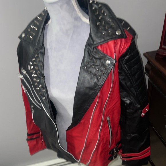 Studded Red and Black Faux Leather Moto Jacket - Picture 7 of 8